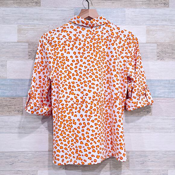 J MCLAUGHLIN Catalina Cloth Button Up Shirt White Orange Leopard Womens Small - Picture 5 of 8